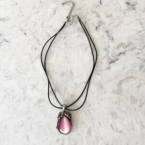 Vintage Pink‎ Teardrop Pendant Necklace on Black Cord Art Nouveau Style Jewelry